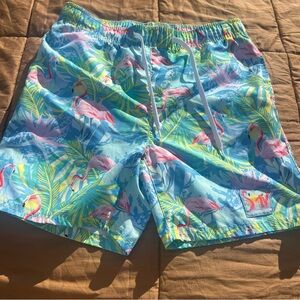 MTV Men's Light Blue Fun Tropical Flamingo Print Swim Trunks Size Large